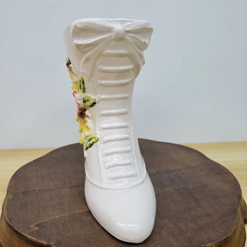 Vintage 1960's Napco Ivory Boot Vase Victorian Style Yellow & Orange Floral Vase